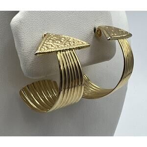 Jewelry Earrings Gold Tone Triangle Design Half Loop Pierced Hangs 2 inches